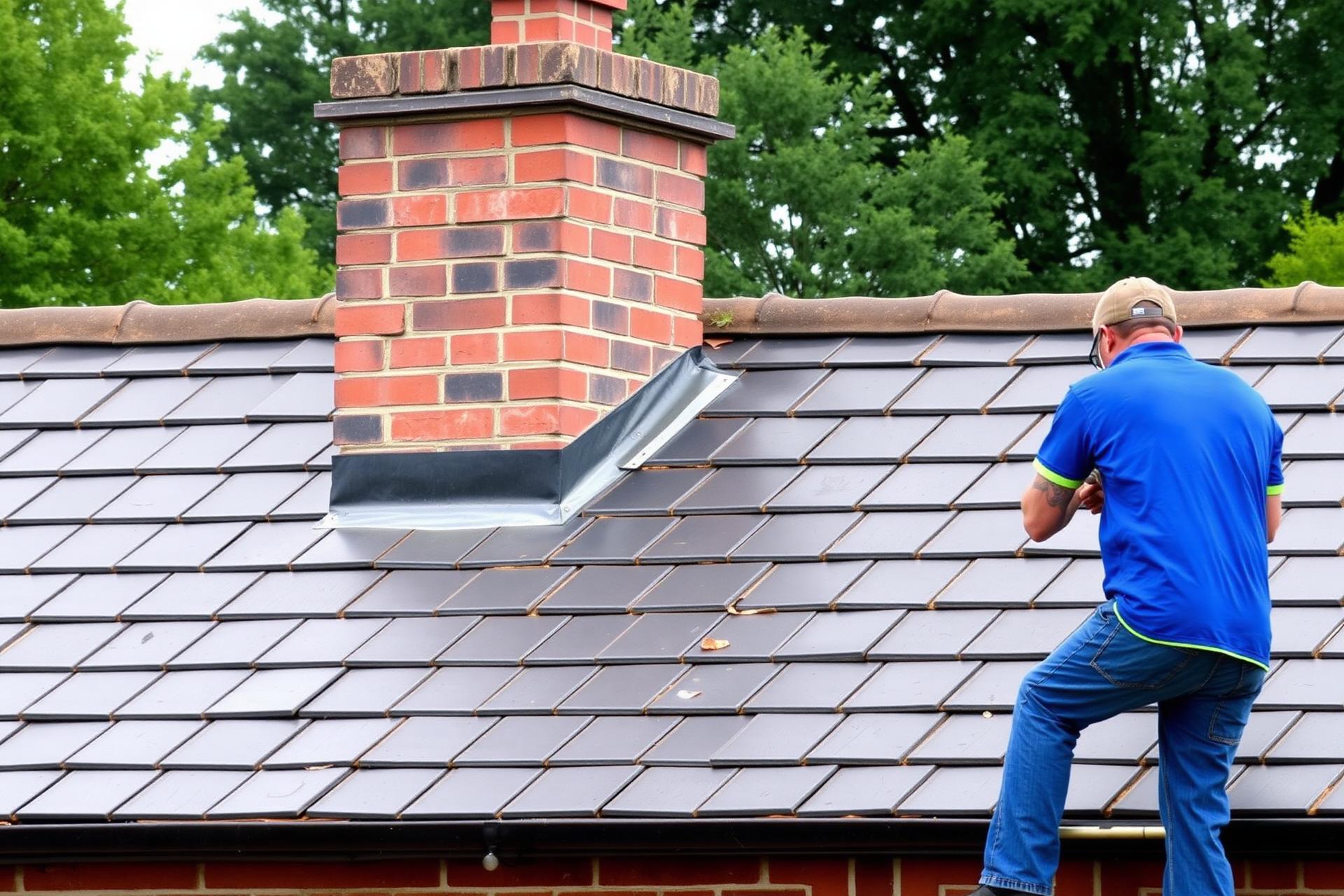 Roofer working on a Liverpool tile roof at sunset